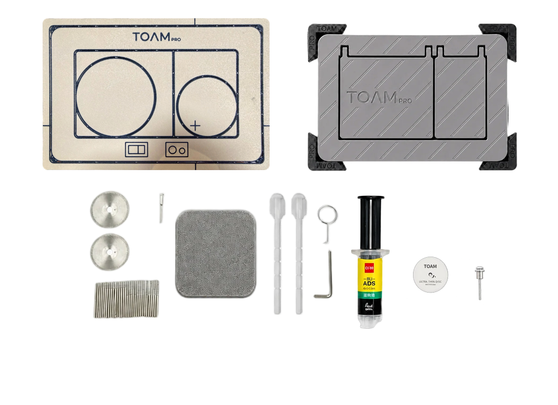 תכולת ערכת לחצן ההדחה הנסתר TPLATE V – פלטה, שבלונה וכלי חיתוך להתקנה עצמית